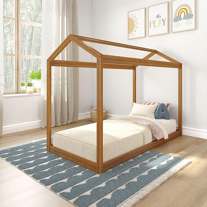 Max & Lily Twin Floor House Bed, Modern Solid Wood Low Bed Frame for Kids, Montessori Floor Bed for Bedroom, Playroom, Wooden Slats, Pecan