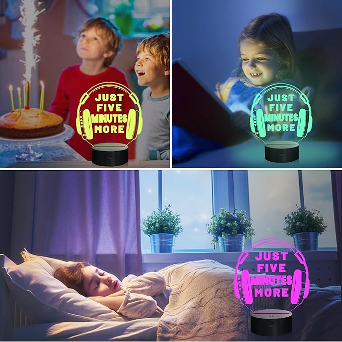 Attivolife Just Five Minutes More Night Light, Headphone Graphic Video Games Gamer Room Decor, Funny Gift 3D Illusion Lamp 16 Colors Changing Touch & Remote Control for Men Teenagers Kids