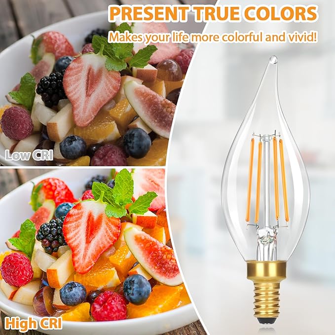 GoBright Dimmable LED Candelabra Bulbs 2700K Soft Warm White, 60W 630LM Candle Light Bulb with Vintage Flame Tip, 6W Clear Glass LED Bulbs for Chandelier, Pendant, 6-Pack