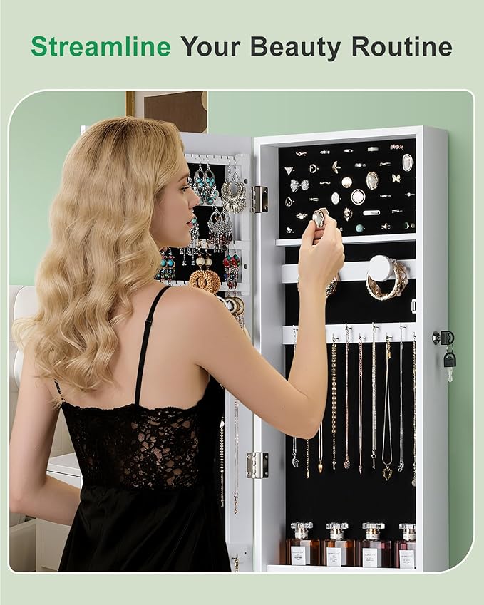 Nicetree Mirror Jewelry Cabinet, Jewelry Armoire with Full Length Mirror,Mirror with Jewelry Storage Wall/Door Mounted, Lockable Jewelry Armoire Organizer,White