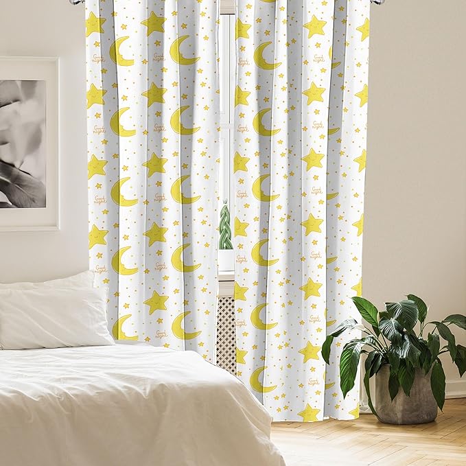 Ambesonne Yellow and White Curtains, Sleeping Crescent Moon and Stars Pattern Night Time Cartoon Illustration, Window Treatments 2 Panel Set for Living Room Bedroom, Pair of - 28" x 63", Pale Yellow
