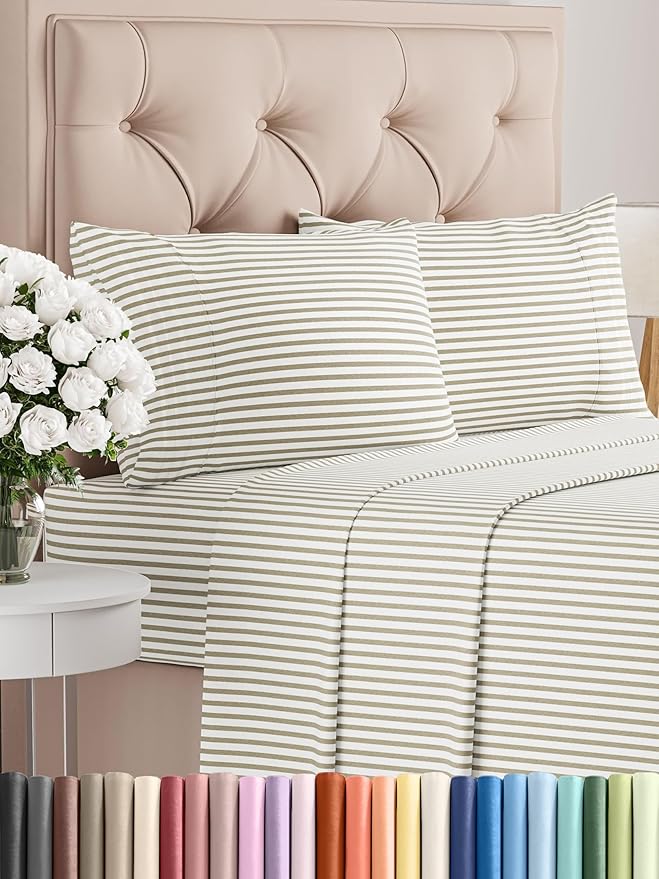 Twin XL 4 Piece Sheet Set - Comfy Breathable & Cooling - Soft Hotel Luxury Bedding Set w/ 8-16 Inch Deep Pockets - 1 Flat & 1 Fitted Sheet & 2 Pillowcases - Wrinkle Free & Easy Care - Beige Stripes 2