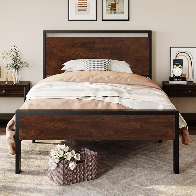 SHA CERLIN 14 Inch Twin Size Metal Platform Bed Frame with Wooden Headboard and Footboard, Mattress Foundation, No Box Spring Needed, Large Under Bed Storage, Heavy Duty Slats Support, Mahogany