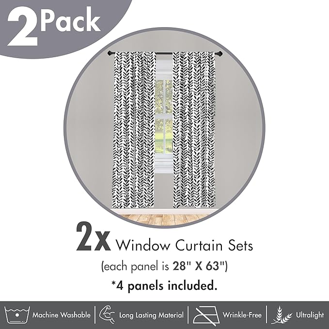 Ambesonne Black and White Window Curtains Pack of 2, Modern Grunge Botany Motif Monochrome Brush Paint Style Strokes, Lightweight Set with Rod Pocket, 4 Panels of - 28" x 63", White and Black
