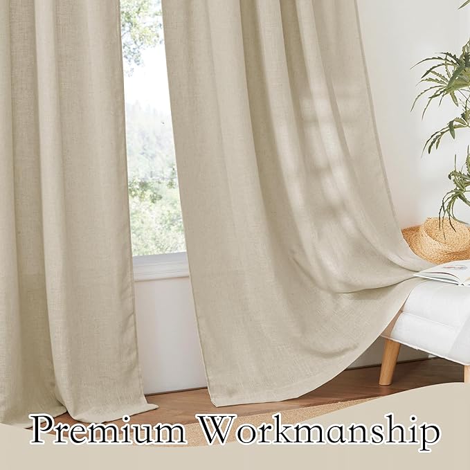 RYB HOME Linen Curtains Semi Sheers for Living Room Privacy Light Airy Large Window Decor for Bedroom Dining Canopy Bed Bath, Beige, W 52 x L 95, 2 Panels