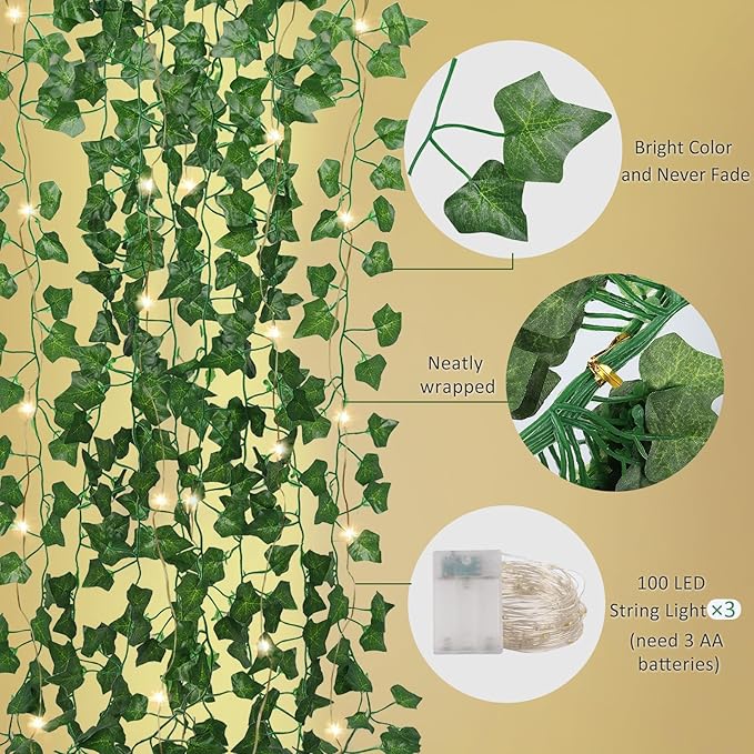 RECUTMS Artificial Ivy Vines 250 FT with 300 LED String Light Leaf Garland Fake Hanging Plants for Long Leaves Greenery Room Garden Office Wedding Wall Shower Patio Outdoor Indoor Decor (36 Pack)