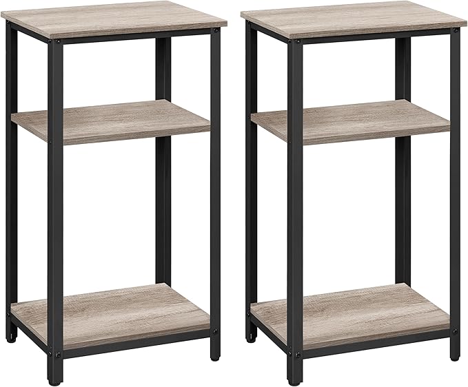 Yaheetech Tall End Table Set of 2, 18x14x29.5 inch Industrial Side Table with Strong Wooden Shelves, 2PCS Slim 3-Tier Telephone Table with Metal Frame for Living Room, Small Places - Gray