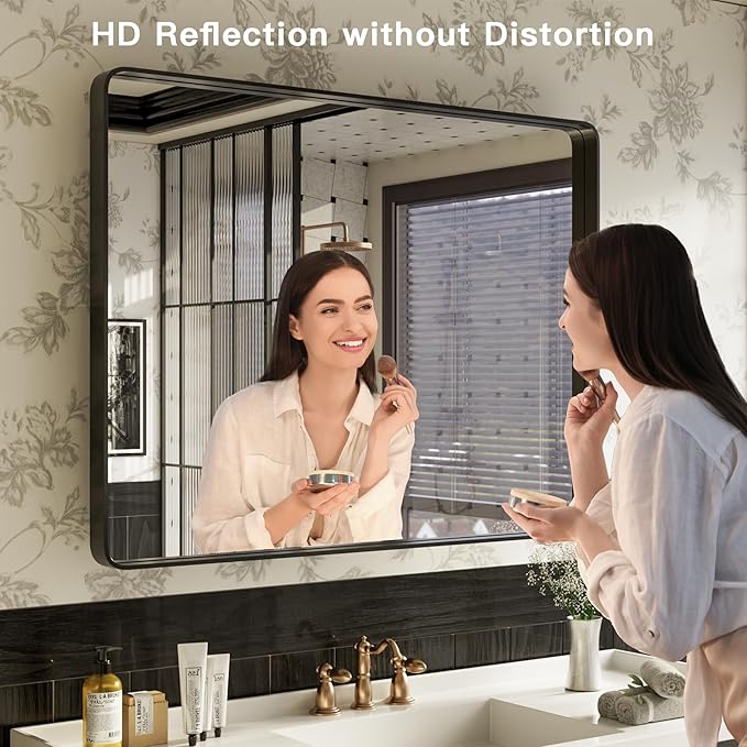 ISKM 32"x 32" Black Framed Bathroom Mirror for Wall, Bathroom Vanity Mirror Anti-Rust, Tempered Glass, Rounded Rectangle Mirror(Horizontal/Vertical)