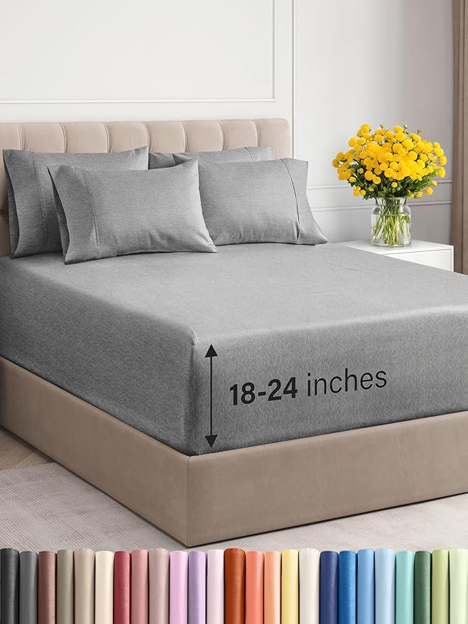 Extra Deep Cal King Sheet Set - 6 Piece Breathable & Cooling Sheets - Hotel Luxury Bed Sheets Set - Easy Fit - Soft, Wrinkle Free & Comfy Sheets Set - Heathered Grey Sheet Set w/Extra Deep Pockets