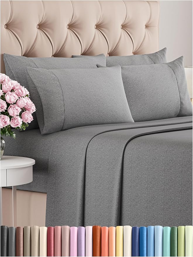 Full 6 Piece Sheet Set - Comfy Breathable & Cooling - Soft Hotel Luxury Bedding Set with 8-16 Inch Deep Pockets - 1 Flat & 1 Fitted Sheet & 4 Pillowcases - Wrinkle Free & Easy Care - Heathered Grey