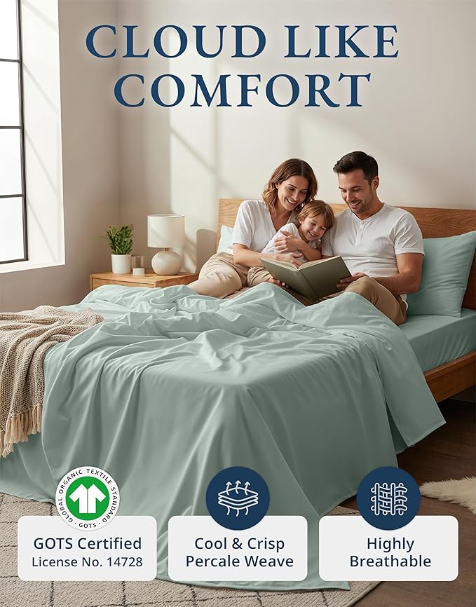 LANE LINEN 100% Organic Cotton Extra Long Twin Sheet & Pillowcase Sets, 15" Deep Pocket Fully Elasticized, Naturally Temperature Regulating Cotton Sheets Twin XL Bed Sheets- Cool Blue