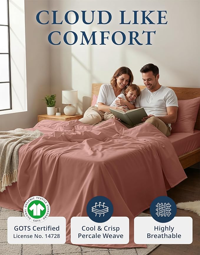 LANE LINEN 100% Organic Cotton Full Sheets Set, 4-Piece Pure Organic Cotton Percale Sheets, Long Staple Cotton Sheet, Ultra Soft Bedding Sheets, Breathable,Fits Mattress Upto 15" Deep - Rose Dawn