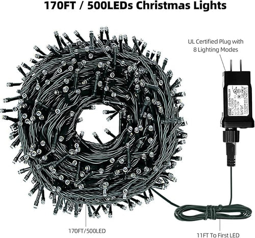 170FT 500 LED Christmas Lights Outdoor Indoor, Waterproof Christmas Tree Lights for Christmas Decorations with Timer, 8 Modes Memory Function (Warm White)