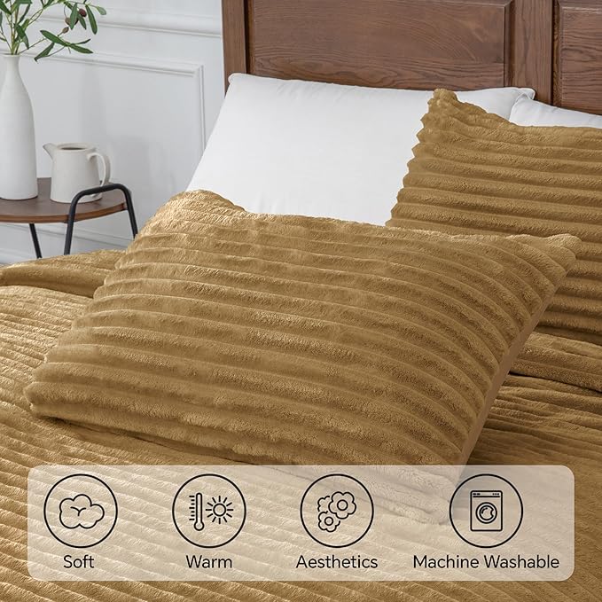 BEDELITE Fleece Queen Comforter Set -Super Soft & Warm Fluffy Brown Bedding, Luxury Fuzzy Heavy Bed Set for Winter with 2 Pillow Cases