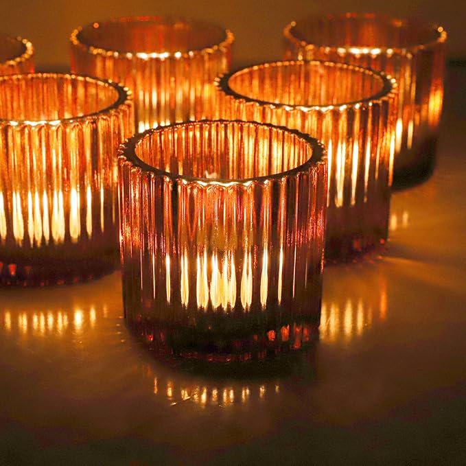 VOHO Amber Candle Holder Set of 12, Glass Votive Candle Holders Centerpiece Table Decorations, Large Candle Holders Bulk for Holiday/Party(2.75in x 2.56in, Amber)
