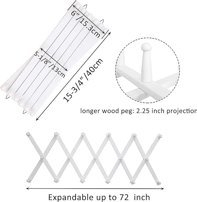 WEBI Accordion Wall Hanger,Expandable Wooden Hat Rack for Wall Mounted Coat Rack,Accordion Hat Hooks Holder for Baseball Caps,17 Peg Hooks,White,2 Packs