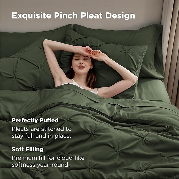 Bedsure King Size Comforter Set Olive Green - Bed in a Bag Bedding Set 7 Pieces, GentleSoft™ Pintuck Bed Set Gift for Family, Pinch Pleat Olive Green Comforter with Sheets, Pillowcases & Shams