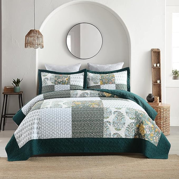 Secgo Queen Comforter Set for Bed - 100% Cotton Quilts Queen Size, Green, Emerald Bedspreads (90 * 98 Inch) with 2 Pillow Shams, Patchwork Reversible Lightweight Bedding