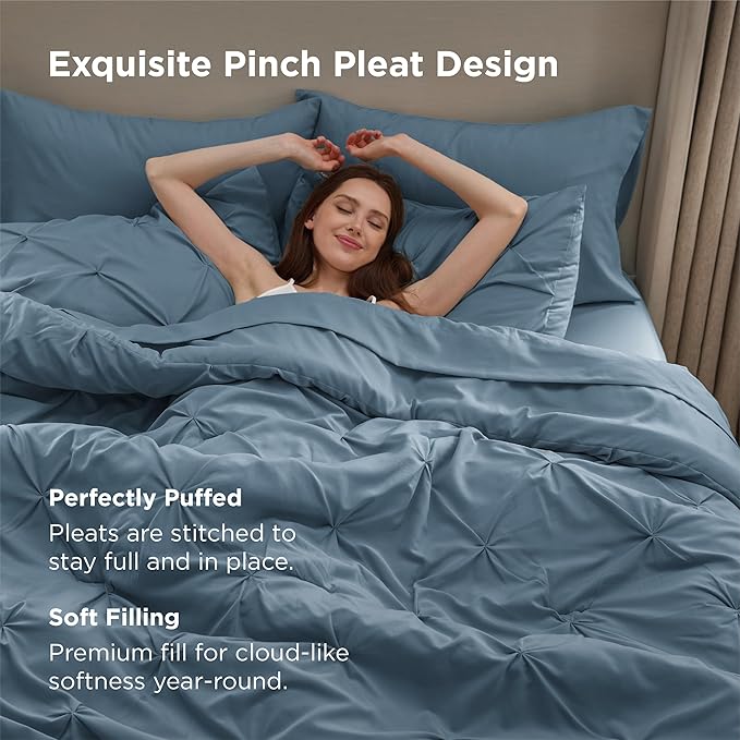 Bedsure Twin Comforter Set Mineral Blue - Bed in a Bag Twin Size Bedding 5 Pieces, GentleSoft™ Pintuck Bed Set Gift for Family, Pinch Pleat Mineral Blue Comforter with Sheets, Pillowcase & Sham