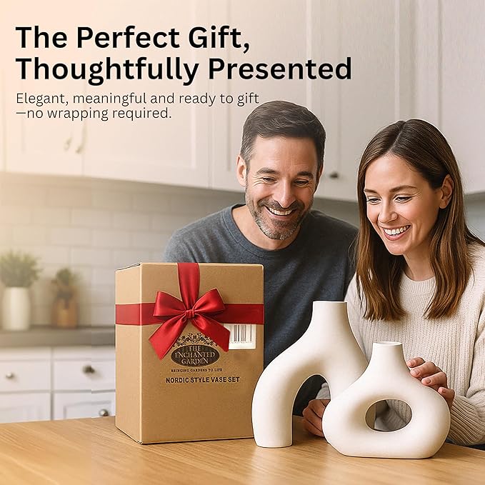 Nordic Ceramic Vase Set – 2 White Sculptural Vases for Fresh Flowers or Dried Stems – Minimalist Home Décor for Shelf, Table, Wedding or Gift – Holds Water