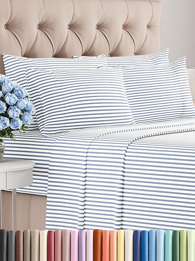 Full 6 Piece Sheet Set - Comfy Breathable & Cooling - Soft Hotel Luxury Bedding Set with 8-16 Inch Deep Pockets - 1 Flat & 1 Fitted Sheet & 4 Pillowcases - Wrinkle Free & Easy Care - Blue Stripes 2