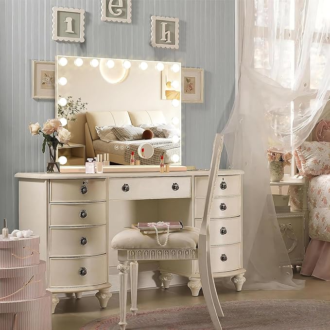 Hollywood Vanity Mirror with Lights, 18 Dimmable Bulbs, 3 Color Lights,Make Up Lighted Mirror, Aluminum Metal Frame, USB Charging Port（32" x 24"）