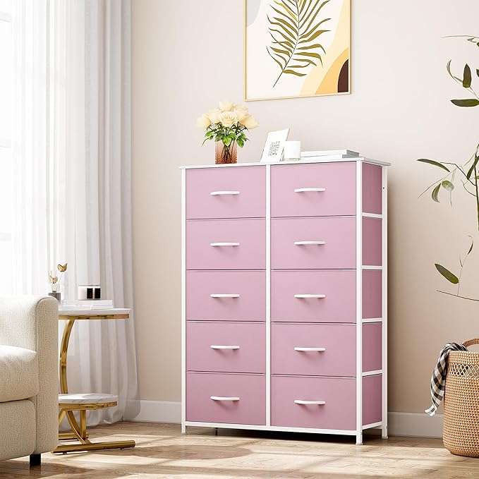 YITAHOME 10 Drawer Dresser - Pink Fabric Storage Tower, Organizer Unit for Living Room, Hallway, Closets - Sturdy Steel Frame, Wooden Top & Easy Pull Fabric Bins
