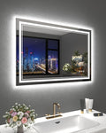 48x32 Inch LED Lighted Bathroom Mirror, Light Up Bathroom Vanity Mirror Unbreakable with 2 Front Lights & Back Lit, 3 Colors Stepless Dimmable, Anti-Fog, Memory Function, Closable Blue Buttons