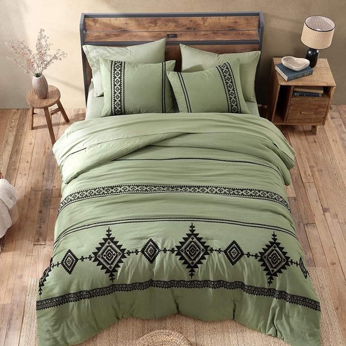 MaiRêve Embroidery Queen Size Comforter Sets, Light Olive Green Western Bedding Set Boho 7 Pieces, All Season Farmhouse Bed in A Bag Comforter Set with Sheets, Pillowcases & Shams