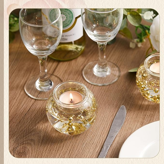 8 Pcs Glass Clear Votive Floating Candle Holders with 8 Pcs Bright Pearl String Beads, Tealight Bowl Candle Holder Bulk for Wedding Centerpiece Home Bridal Shower Party Decor (Gold)