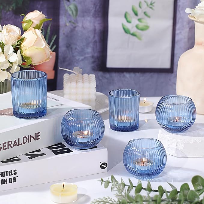 Blue Votive Candle Holders Set of 10- Round Blue Candle Holders Bulk, Glass Candle Holder for Wedding Table Decoration, Embossed Glass Votives, Tea Lights Candle Holder for Home & Party Decor