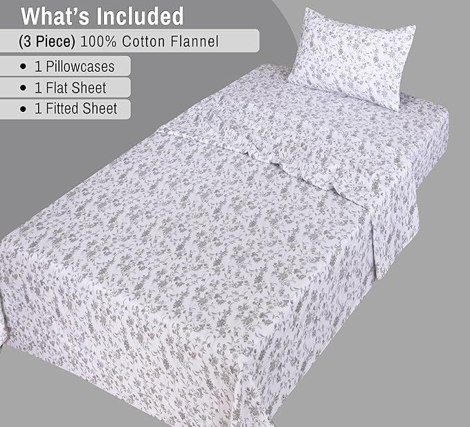 RUVANTI Flannel Sheets Twin Size - 100% Cotton Double Brushed Twin Sheets Set, Deep Pockets 16 Inches, All Seasons Breathable & Extra Soft Bed Sheets, Warm & Cozy, 3 Piece, Vintage Flora