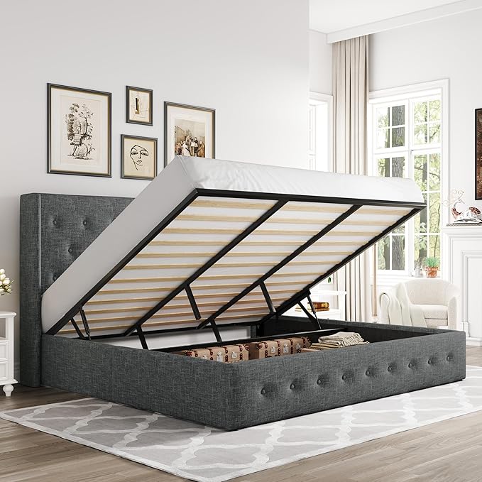 Allewie King Size Lift Up Storage Bed, Button Tufted Headboard with Wingback, Hydraulic Support, No Box Spring Needed, Dark Grey