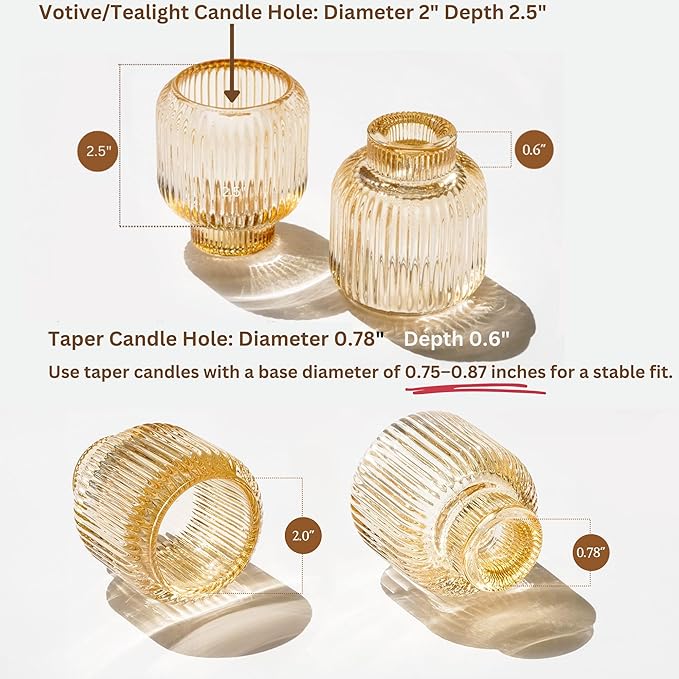 Set of 4 Gold Glass Candlesticks – Candle Sticks Holder Decor for Home or Events – Elegant Taper Candle Holders