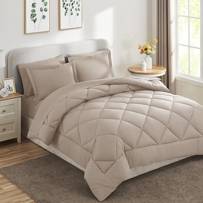 CozyLux Queen Comforter Set Linen - Bed in a Bag Queen Size 7 Pieces, Luxury Soft Bed Set for All Seasons, Bedding Set with Down Alternative Comforter, Sheets, Pillowcases & Shams