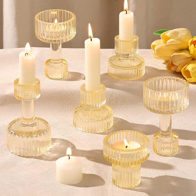 Candlestick Holders Bulk, 6 Pcs Gold Combination Candle Holders Set, Crystal Candle Holders for Wedding, Table Centerpiece, Home Decoration