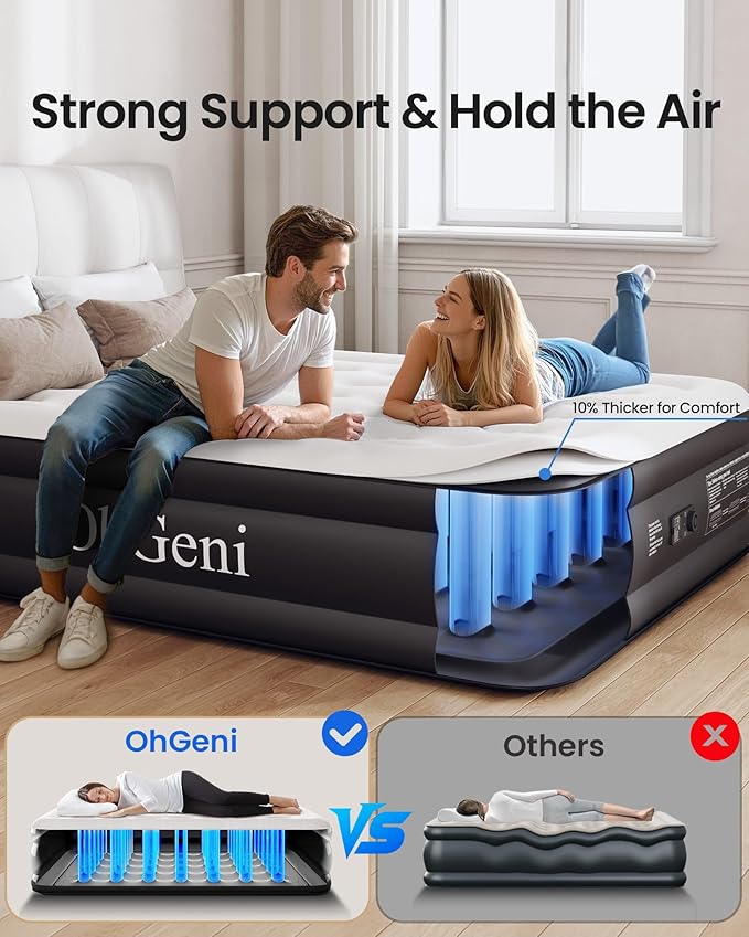 OhGeni Air Mattress Full with Built-in Pump,18'' Comfortable Blow Up Colchones Inflables Mattress for Home,Guests,Foldable,Portable Bed for Adults,Durable Airbed Supports Up to 600 lbs,Black