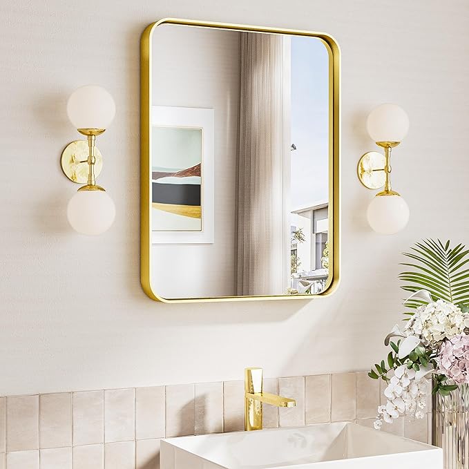 TokeShimi 16x20 Brushed Gold Bathroom Mirror,Vanity Mirror Bathroom Wall with Tempered Glass,Modern Metal Framed Mirror with Aluminum Frame(Horizontal/Vertical)