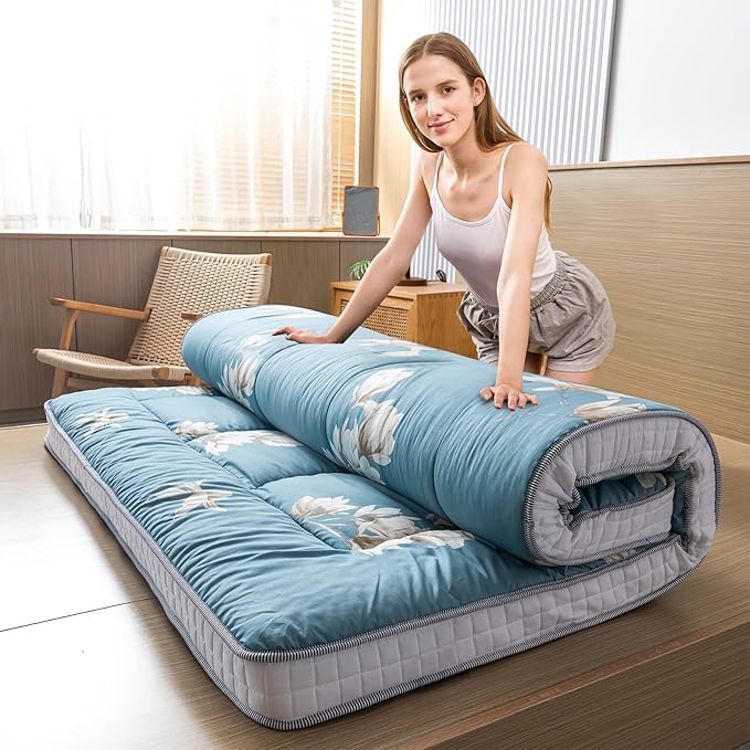 MAXYOYO Floral Printed Futon Mattress, Japanese Floor Mattress Quilted Bed Mattress, Extra Thick Folding Sleeping Pad Breathable Floor Lounger Guest Bed for Camping, Twin Size
