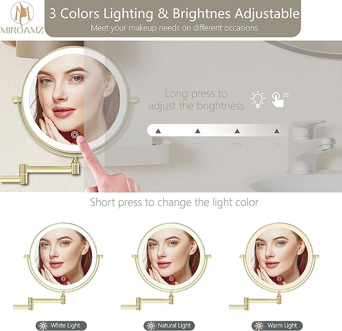 Rechargeable Wall Mounted Lighted Makeup Vanity Mirror 9 Inch Double Sided 1X 10X Magnifying Bathroom Mirror, 3 Color Lighting, Touch Screen Dimming, 360 Rotation Shaving Mirror Gold