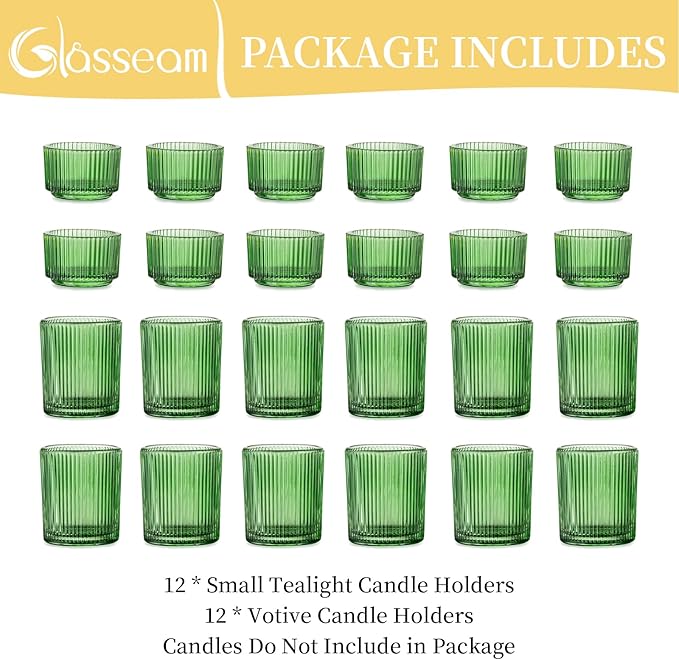 Glasseam Glass Votive Candle Holder: Set of 24 Green Ribbed Small Tea Light Holders Assorted Decorative Vintage Tealight Holder Bulk for Christmas Wedding Table Centerpieces