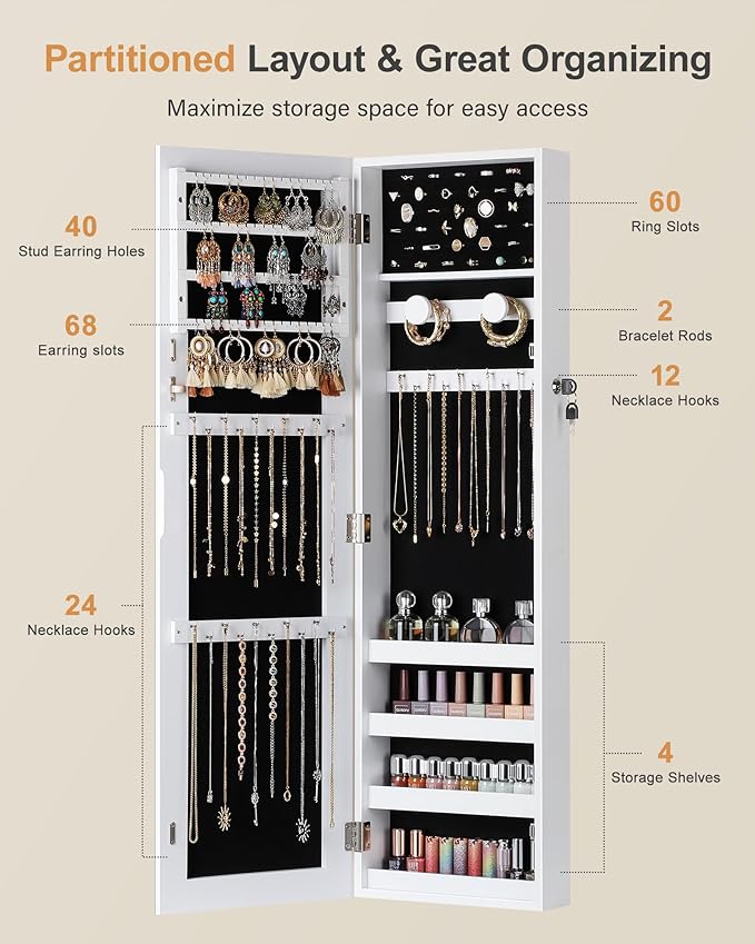 Nicetree Jewelry Armoire with Mirror, Wall/Door Mounted Jewelry Cabinet, Lockable Jewelry Organizer with Full-Length Mirror, Frameless Mirror with Storage, Black Lining