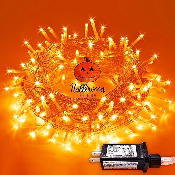 JMEXSUSS 66ft 200 LED Christmas String Lights Outdoor Indoor, Connectable Orange String Lights Clear Wire, Fall Light Plug in for Fireplace Tree Garden Patio Thanksgiving Fall Halloween Decor