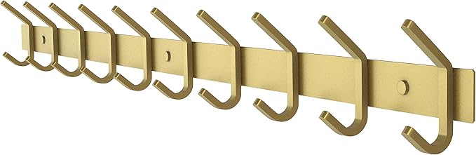 Brushed Gold Wall Mounted Coat Rack – 30 Inch Stainless Steel Rail with 10 Double Coat Hooks for Entryway, Bathroom, Bedroom, Kitchen – Modern Gold Hook Rack for Coats, Hats, Towels