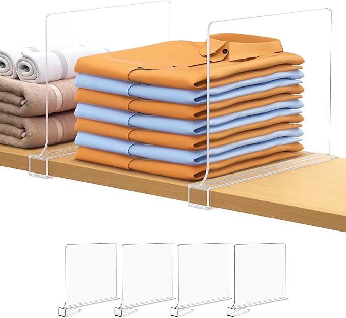 Aolloa 4 PCS Shelf Dividers for Closet Organization Acrylic Clear Closet Shelf Divider for Wooden Shelving Suitable for Wooden or Vertical Shelves Or Bedroom, Kitchen and Office