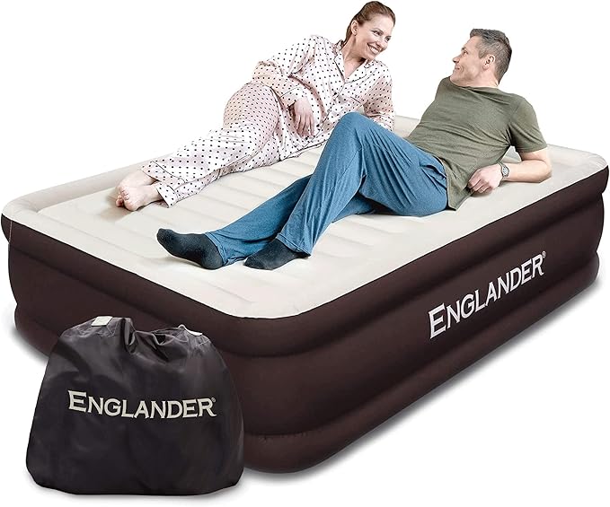 Englander First Ever Microfiber Air Mattress, Microfiber Airbed with Built in Pump Queen Brown/Cream Top