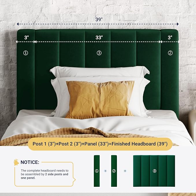 Allewie Twin Bed Frame/Velvet Upholstered Bed Frame with Vertical Channel Tufted Headboard/Strong Wooden Slats/Platform Bed Frame/Mattress Foundation/Box Spring Optional/Easy Assembly/Green