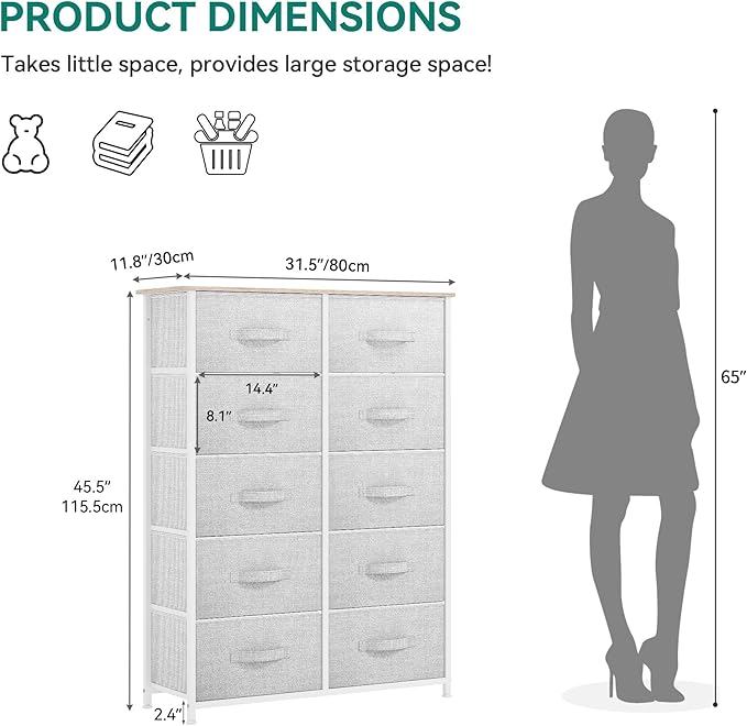 YITAHOME 10 Drawer Dresser - Fabric Storage Tower, Organizer Unit for Bedroom, Living Room, Hallway, Closets - Sturdy Steel Frame, Wooden Top & Easy Pull Fabric Bins (Cool Gray)