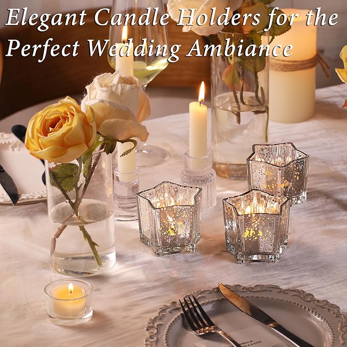 Letine 8pcs Silver Star-Shaped Candle Holders, Tea Light & Votive Candle Holders for Diwali, Wedding, Fall Table Centerpiece, Celestial Glow Jar, Lucky Star Jar & Holiday Decorations (2.44" H)