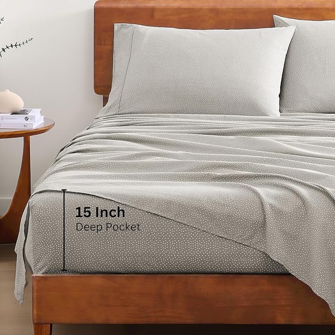 LANE LINEN Printed 100% Organic Cotton Bed Sheets Full Size, Fully Elasticized Reinforsed Seams in Fitted Pocket, Machine Washable Naturally Cooling Full Sheet Deep Pocket Bedding- Snowdrop